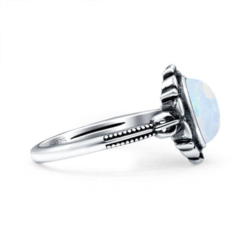 Vintage Style Petite Dainty Lab Created White Opal Ring Solid Oval Oxidized 925 Sterling Silver